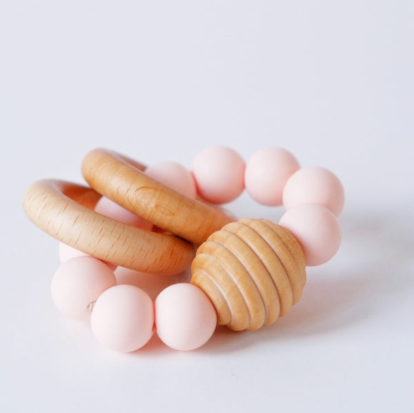 Peach Beehive Silicone and Wooden Teething Toy