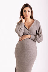 Chunky Knit Wrap Maternity & Breastfeeding Dress in Mocha Sparkle