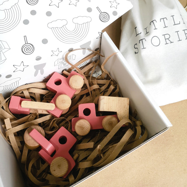 Set Of 3 Pink Wooden Toy Construction Trucks