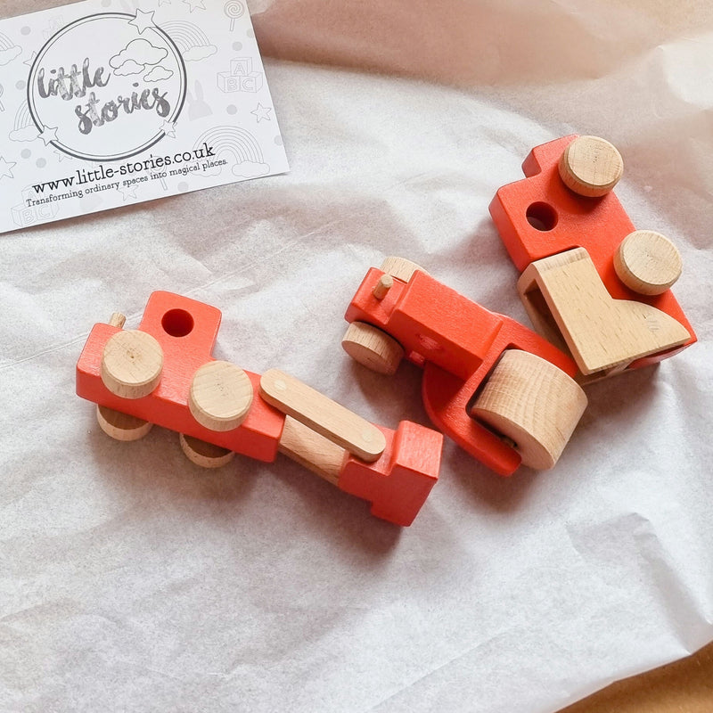 Set of 3 Orange Wooden Toy Construction Trucks