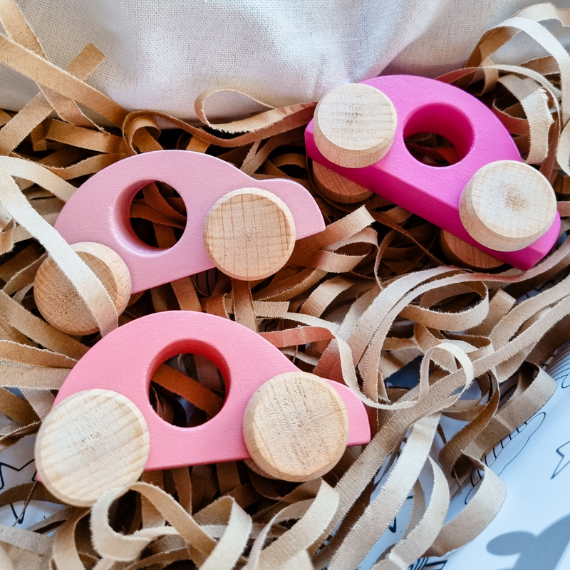 Set Of 3 Pink Wooden Toy Cars