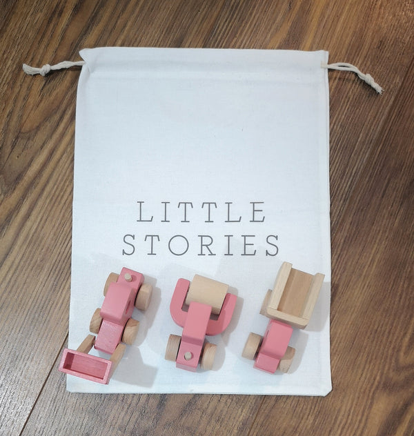 Set Of 3 Pink Wooden Toy Construction Trucks