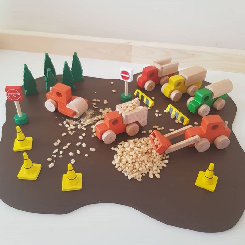 Set of 3 Orange Wooden Toy Construction Trucks