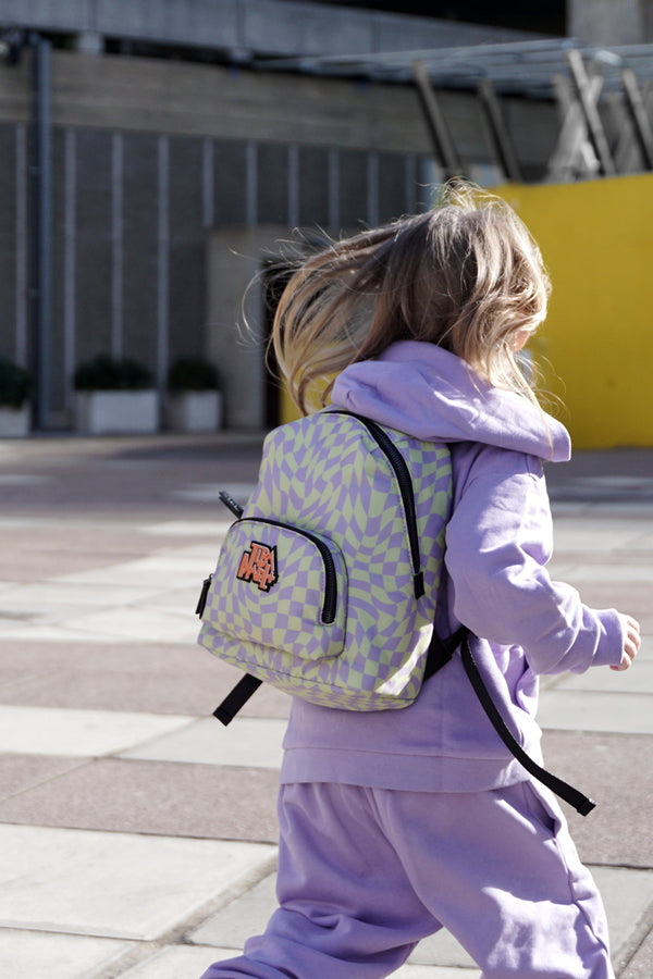 Mini Elwood Kids Backpack Lime / Lilac Checkerboard Print