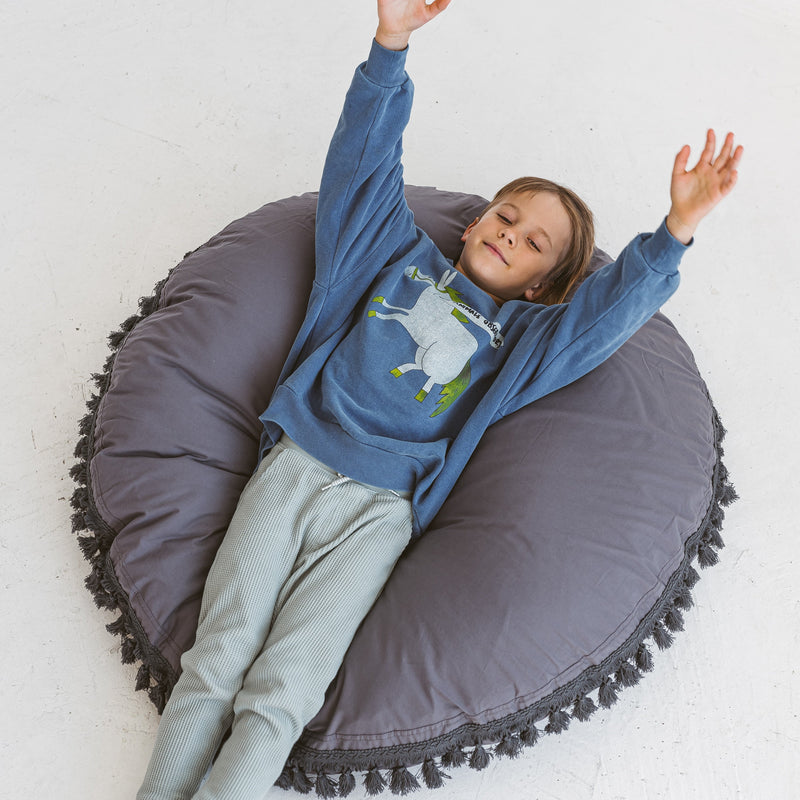 Large Floor Cushion With Tassels in Grey