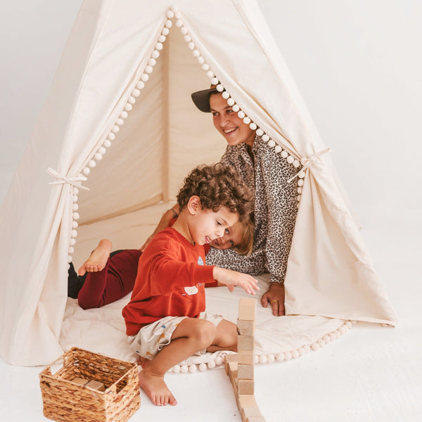 Extra Large Kids Teepee Tent With Pom Pom Decor