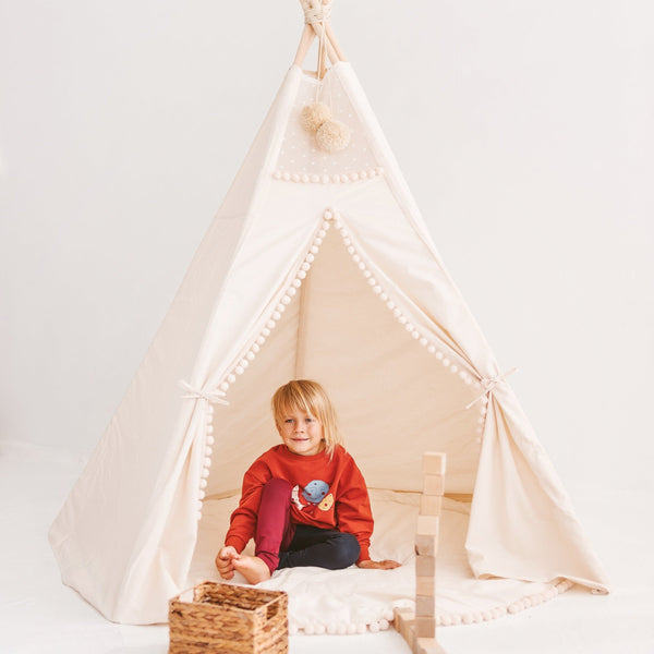 Extra Large Kids Teepee Tent With Pom Pom Decor