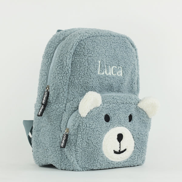 Personalised Kids Fluffy Teddy Backpack - Dusty Blue