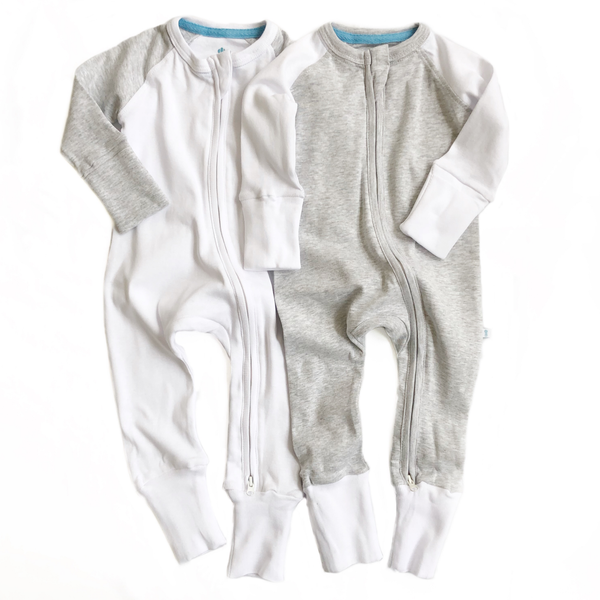 Grey and White Twin Pack Zipped Babygrow