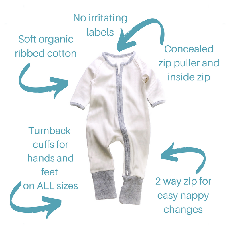 White and Grey Ribbed Zipped Footless Babygrow