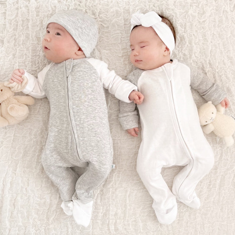Grey and White Twin Pack Zipped Babygrow