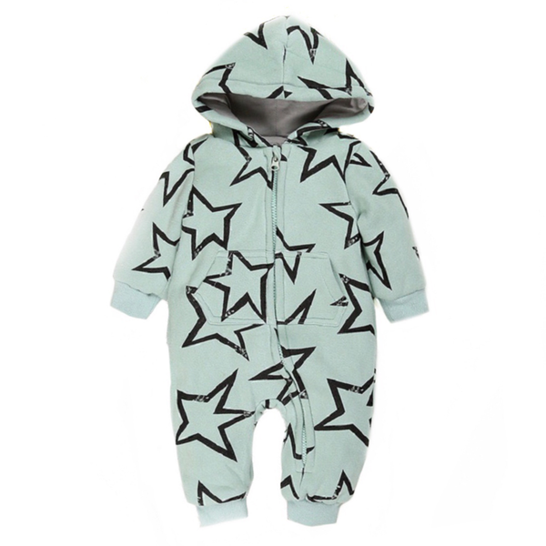 Mint Star Printed Hooded Zipped Onesie