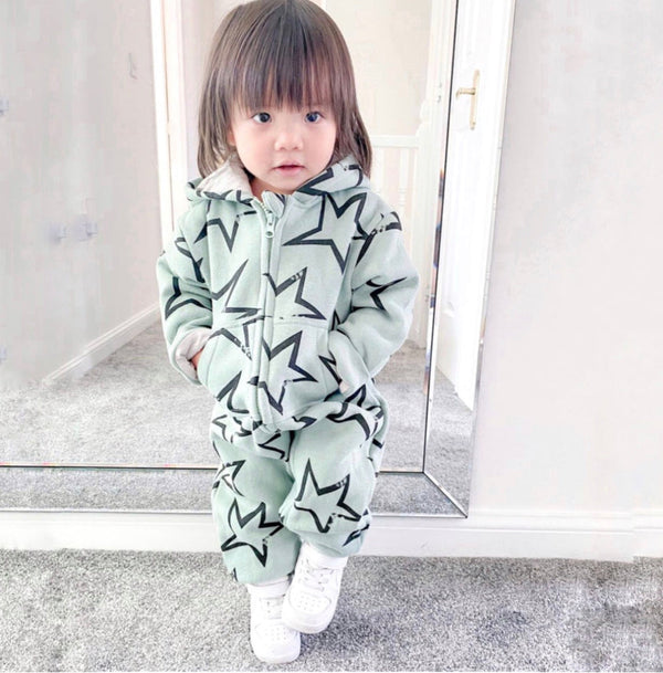 Mint Star Printed Hooded Zipped Onesie