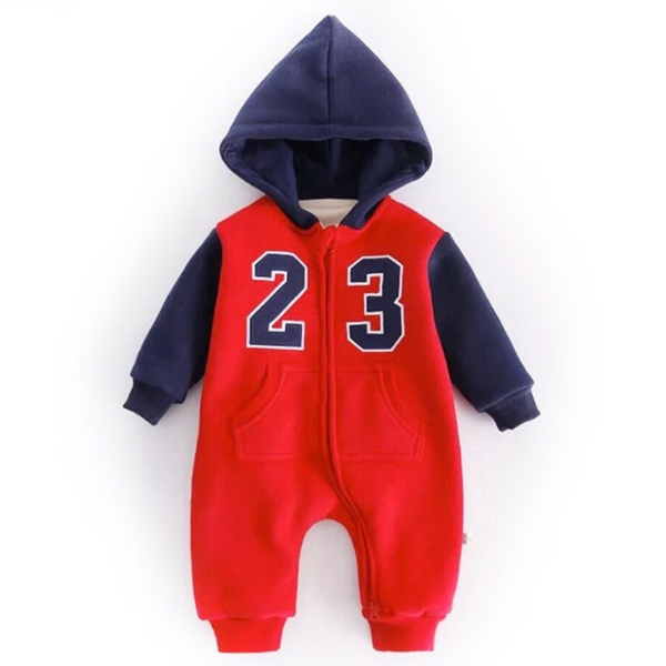 Baby Boys Red Hooded All in One Zipped Footless Baby Suit