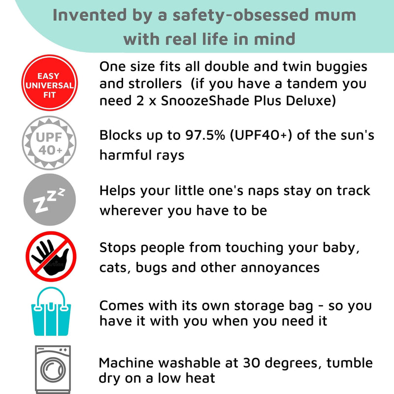SnoozeShade Twin Deluxe (Suitable From Birth) | Double Buggy/Pushchair Sun and Sleep Shade | Blocks Up to 97.5% of UV