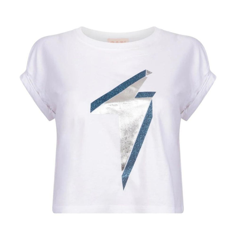 Cropped White Maternity T-Shirt, Silver Lightening Bolt