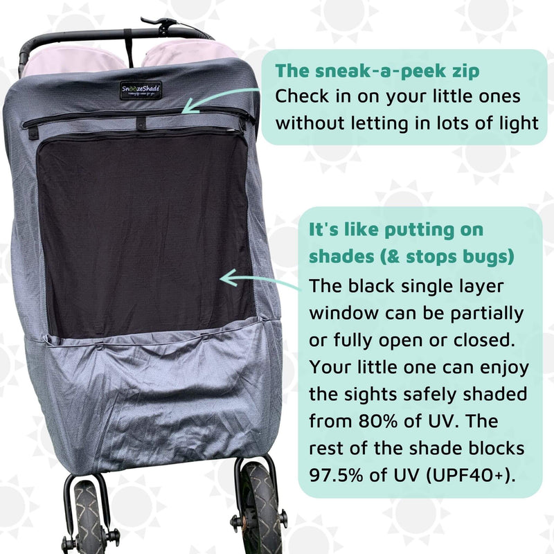 SnoozeShade Twin Deluxe (Suitable From Birth) | Double Buggy/Pushchair Sun and Sleep Shade | Blocks Up to 97.5% of UV