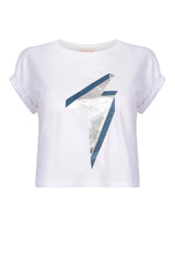 Cropped White Maternity T-Shirt, Silver Lightening Bolt