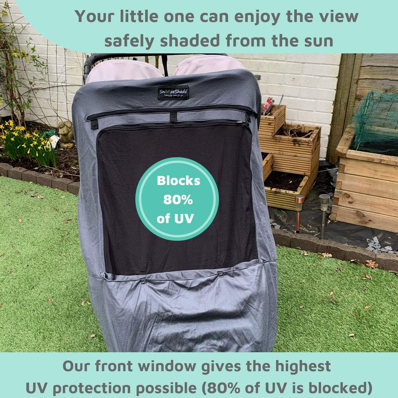 SnoozeShade Twin Deluxe (Suitable From Birth) | Double Buggy/Pushchair Sun and Sleep Shade | Blocks Up to 97.5% of UV