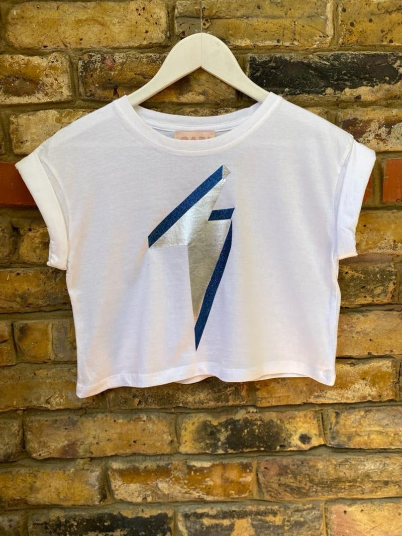 Cropped White Maternity T-Shirt, Silver Lightening Bolt