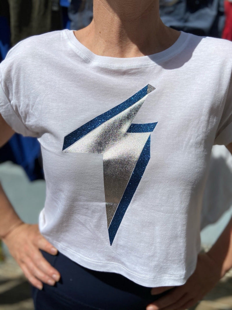 Cropped White Maternity T-Shirt, Silver Lightening Bolt