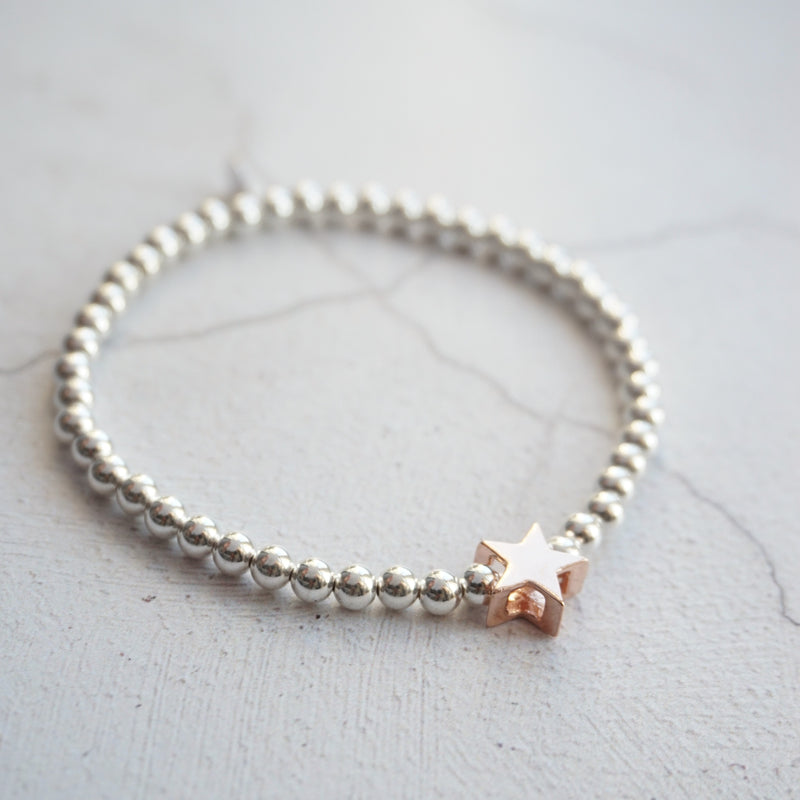 Sterling Silver Rose Gold Star Bead Stretch Bracelet
