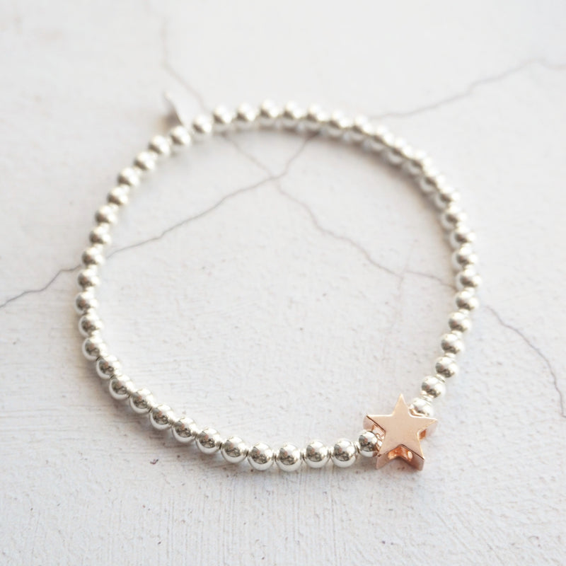 Sterling Silver Rose Gold Star Bead Stretch Bracelet