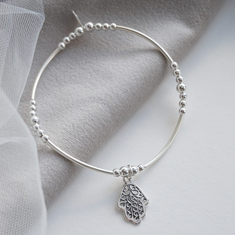 Sterling Silver Noodle Bracelet With Hamsa Hand