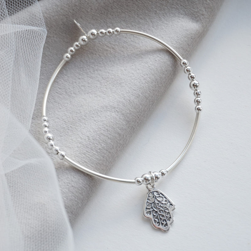 Sterling Silver Noodle Bracelet With Hamsa Hand