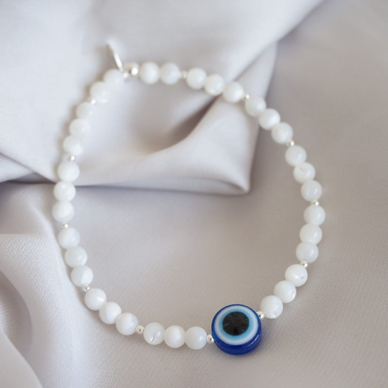 Sterling Silver and Mother of Pearl Bracelet With Evil Eye