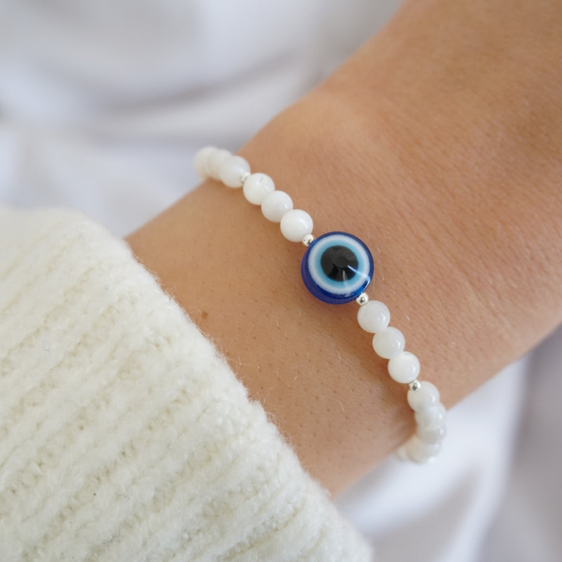 Sterling Silver and Mother of Pearl Bracelet With Evil Eye