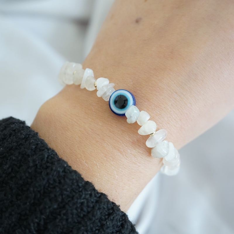 Gold and Moonstone Chip Bracelet With Evil Eye