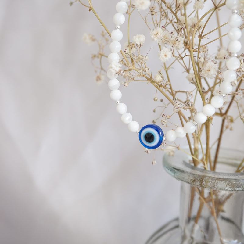 Sterling Silver and Mother of Pearl Bracelet With Evil Eye