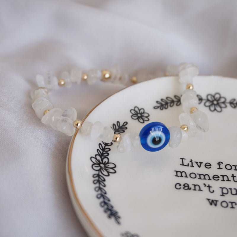 Gold and Moonstone Chip Bracelet With Evil Eye
