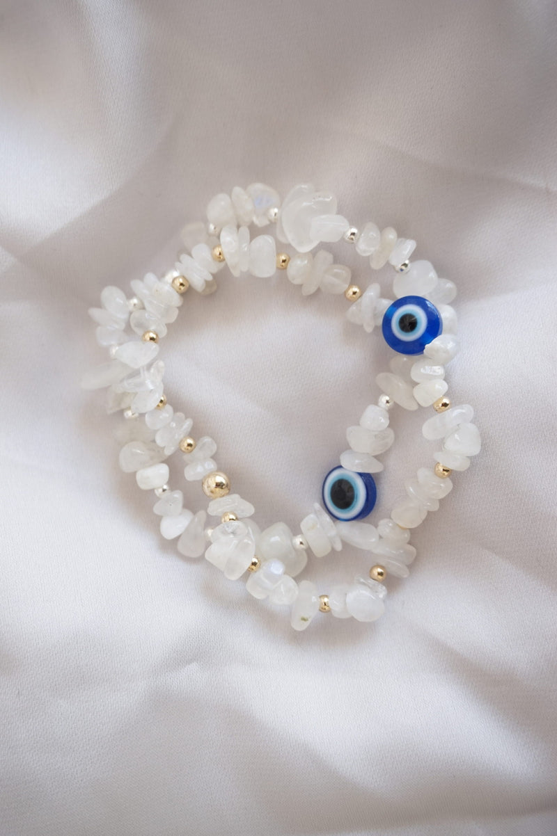 Gold and Moonstone Chip Bracelet With Evil Eye