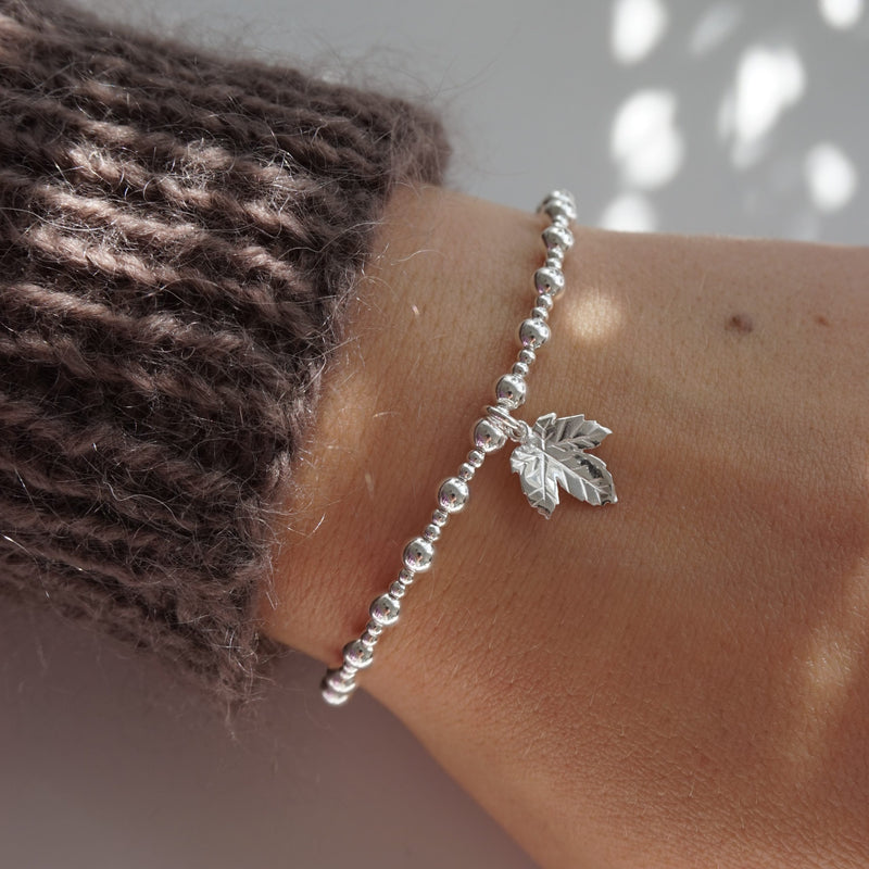 Sterling Silver Stretch Bracelet With Leaf Charm