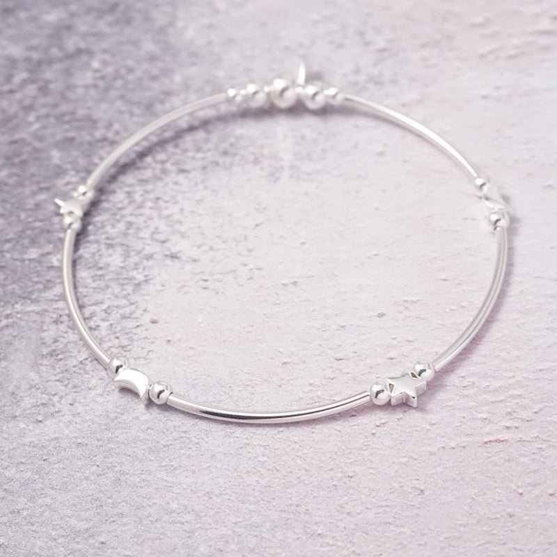 Sterling Silver Star and Moon Noodle Bracelet