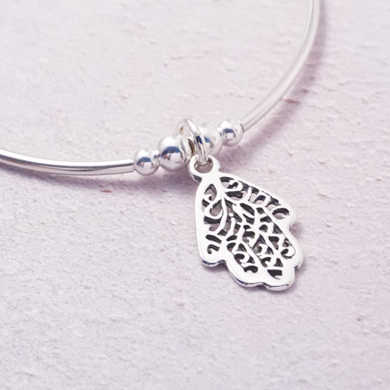 Sterling Silver Noodle Bracelet With Hamsa Hand