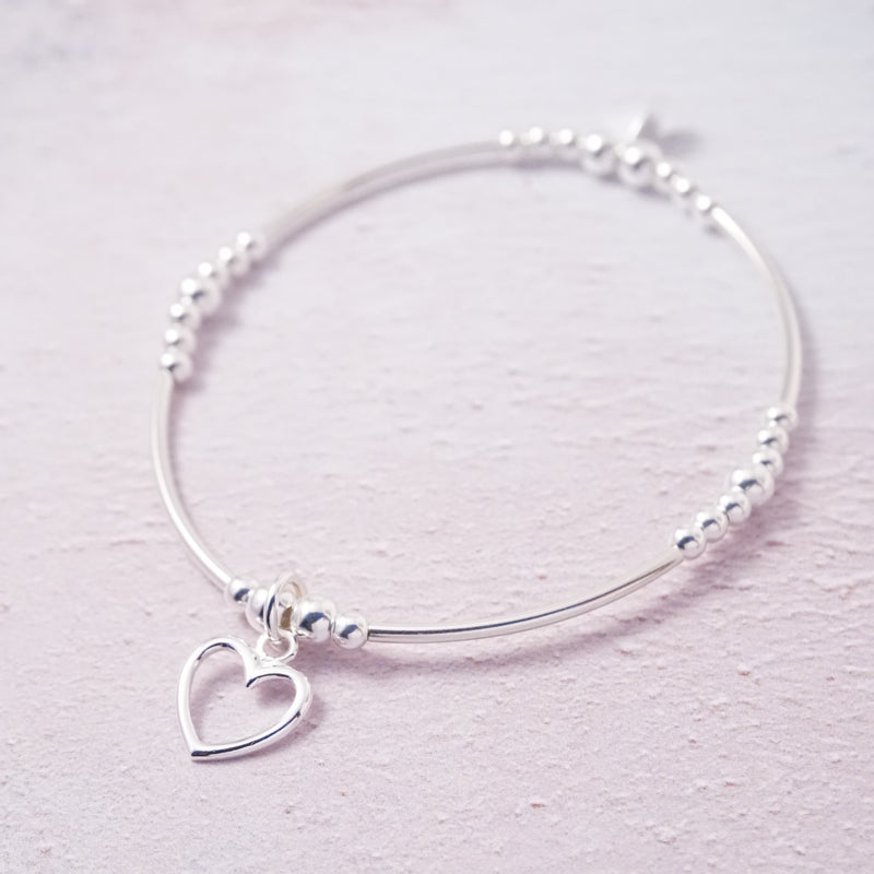 Sterling Silver Noodle Bracelet With Open Heart Charm