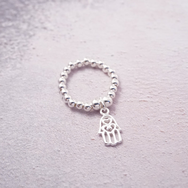 Sterling Silver Stretch Ring With Hamsa Hand Charm