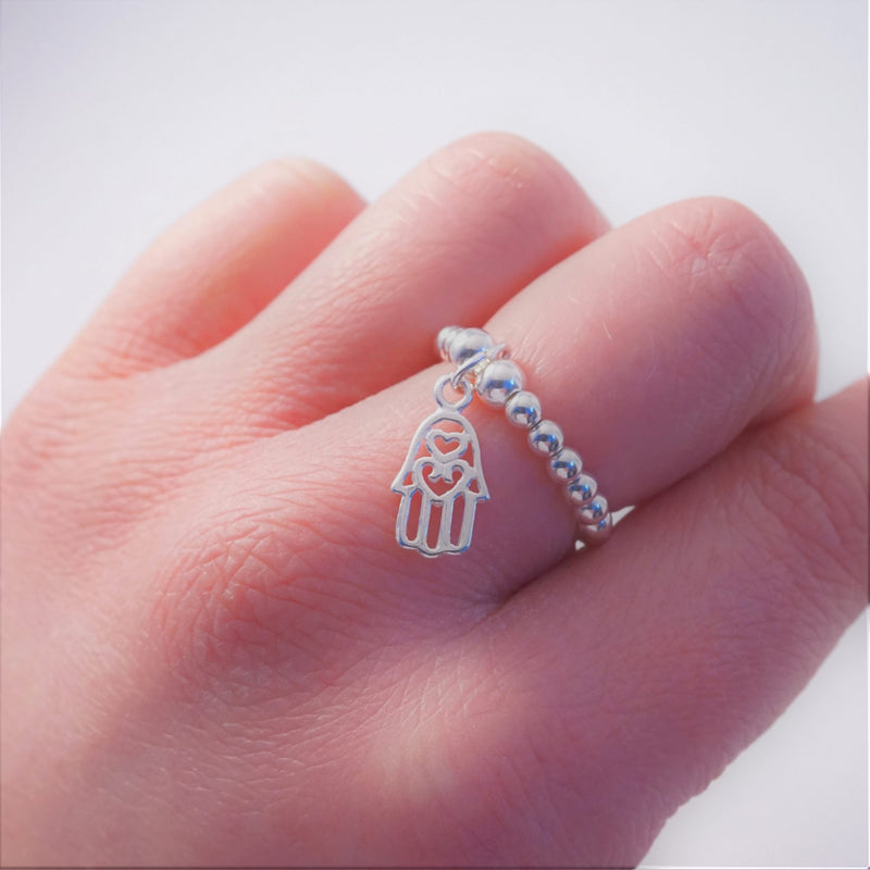 Sterling Silver Stretch Ring With Hamsa Hand Charm