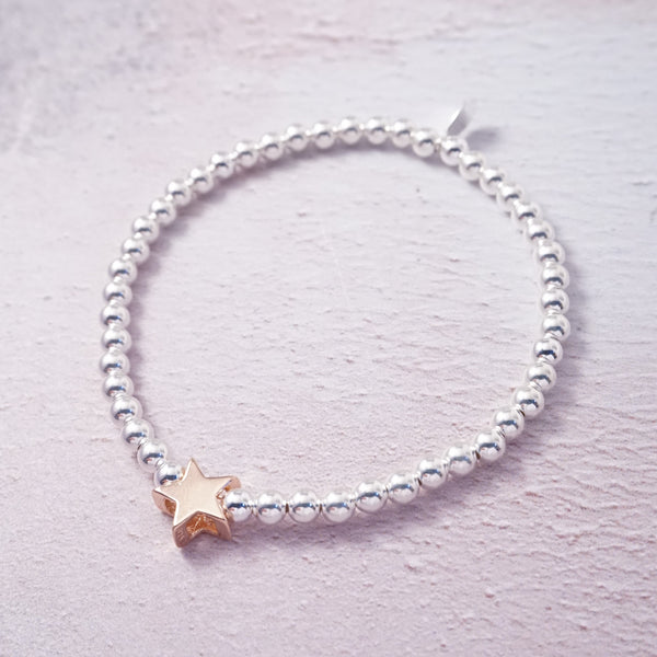 Sterling Silver Rose Gold Star Bead Stretch Bracelet