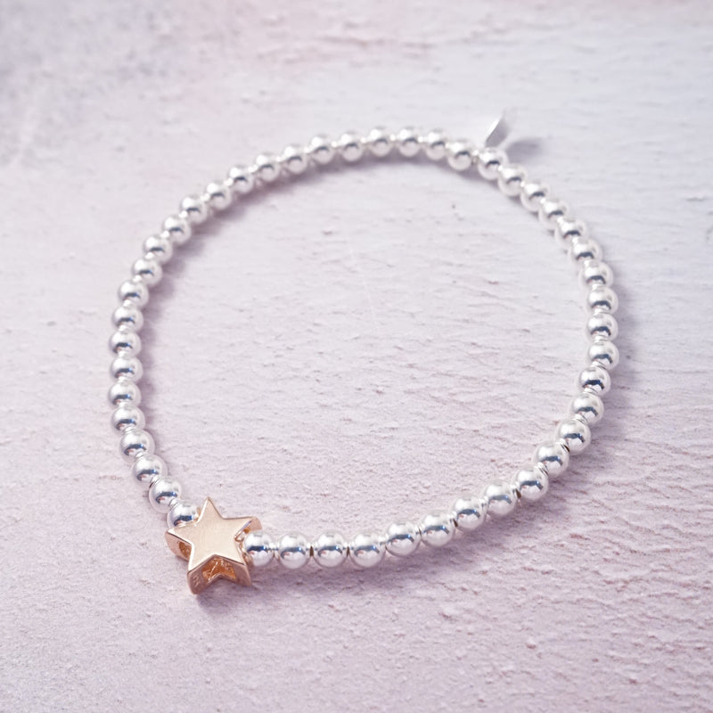 Sterling Silver Rose Gold Star Bead Stretch Bracelet