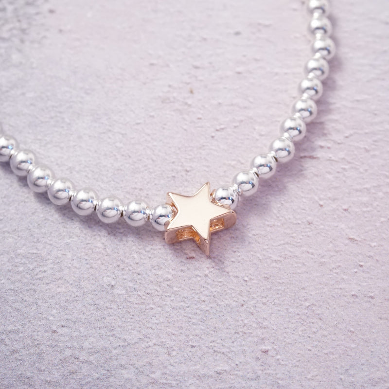Sterling Silver Rose Gold Star Bead Stretch Bracelet