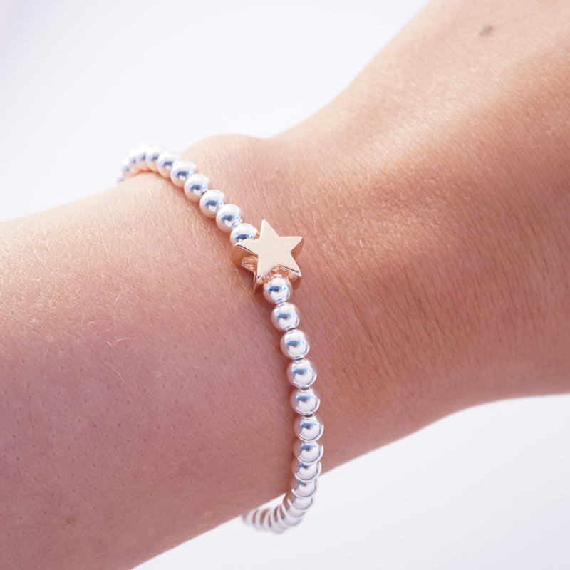 Sterling Silver Rose Gold Star Bead Stretch Bracelet