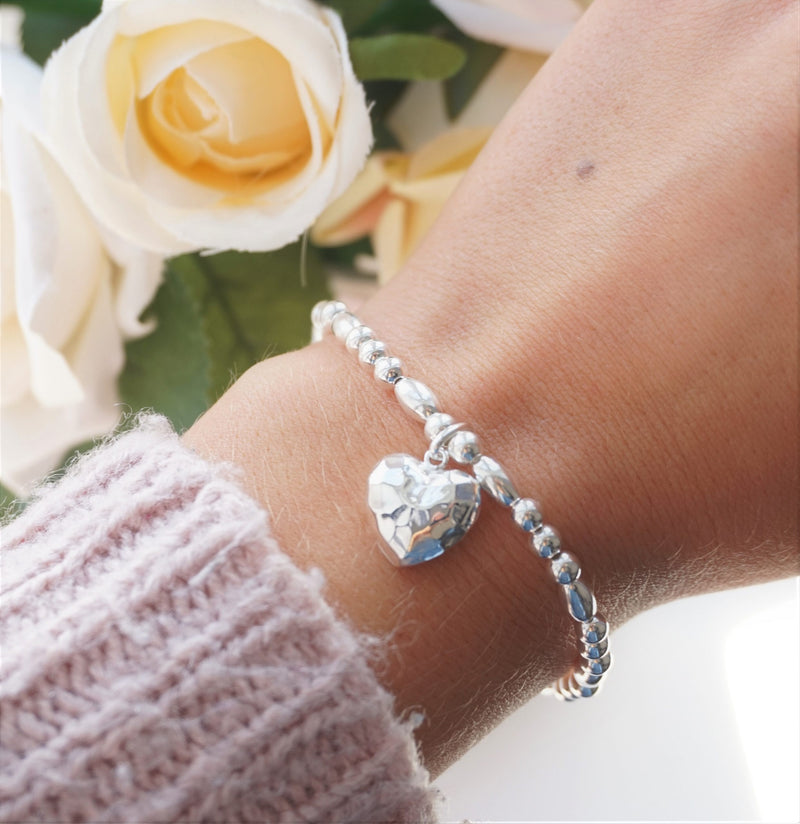 Sterling Silver Bracelet With Hammered Heart Charm