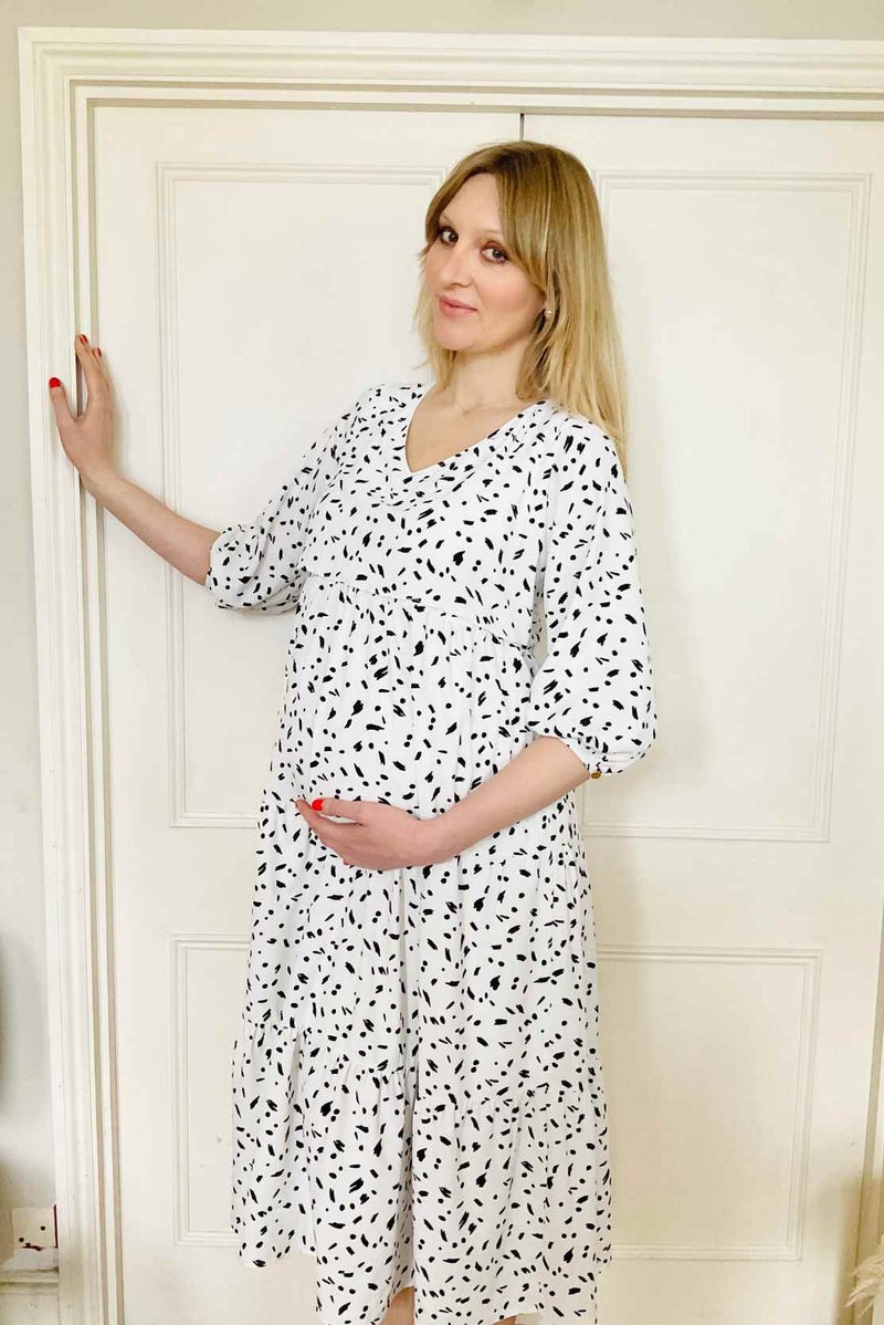 White & Black Tiered Maternity & Breastfeeding Dress