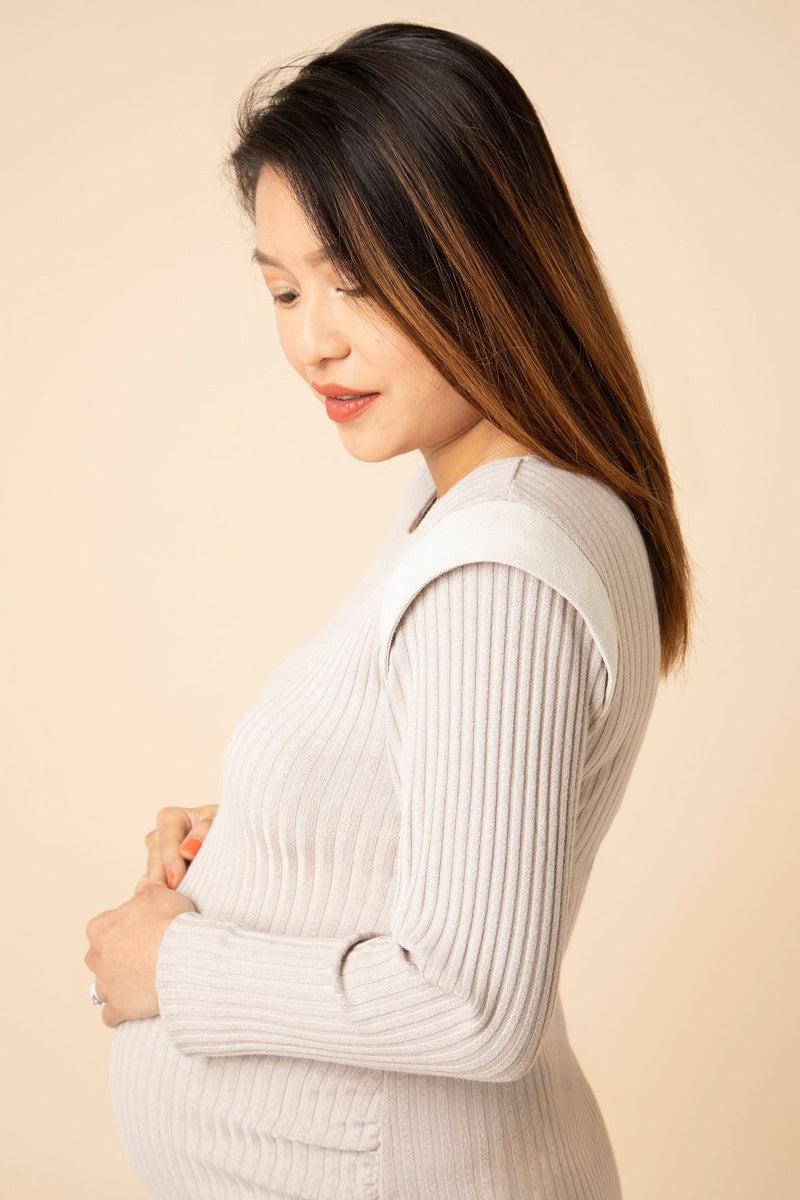 Ribbed Maternity Dress With Shoulder Detail, Beige