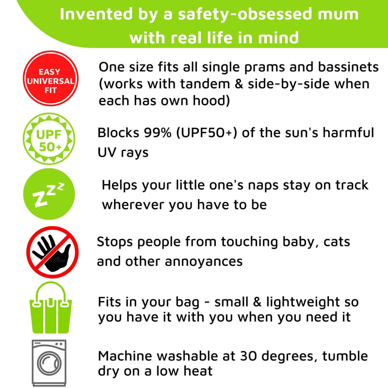 SnoozeShade Original (0-6m) | Universal-Fit Pram/Pushchair Sun and Sleep Shade | Blocks 99% of UV