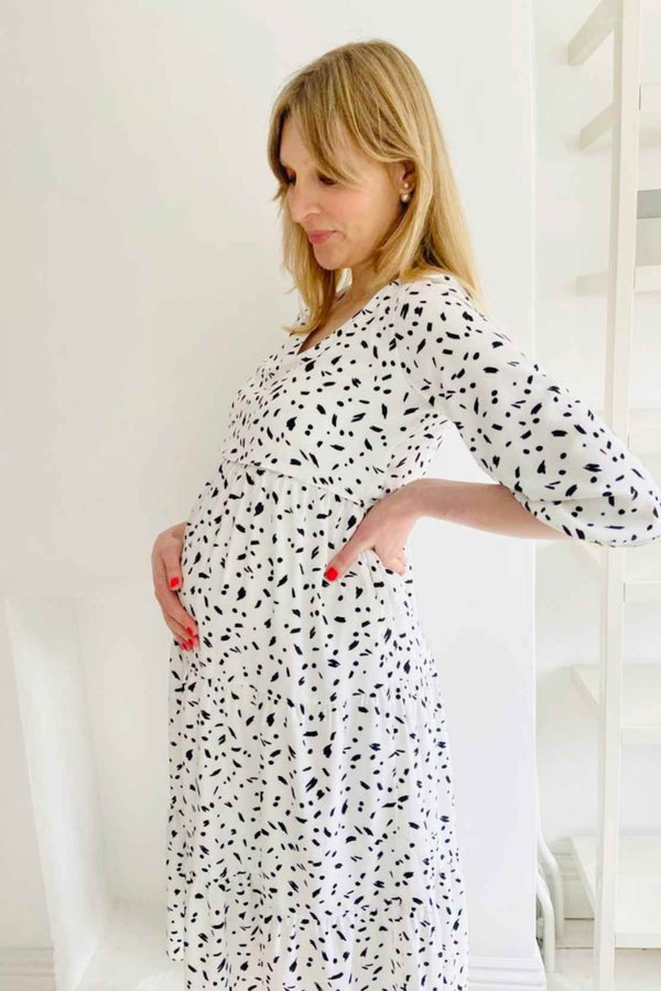 White & Black Tiered Maternity & Breastfeeding Dress